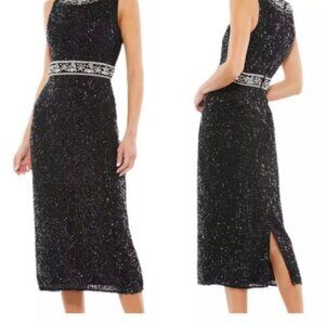 Mac Duggal Black Sequin Rhinestone Beaded Cocktail Midi Dress